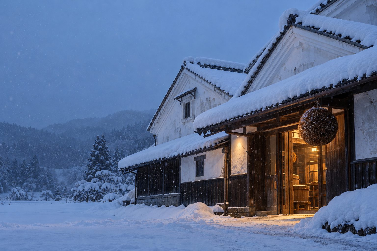 雪の降る夕暮れの酒蔵。白い土蔵の軒下に杉玉が下がり、戸口から灯りがもれている